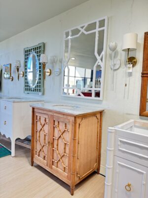 NEW | Faux-Bamboo Single Vanity with Marble Top &  Backsplash | driftwood