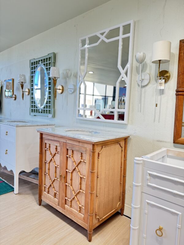NEW | Faux-Bamboo Single Vanity with Marble Top &  Backsplash | driftwood