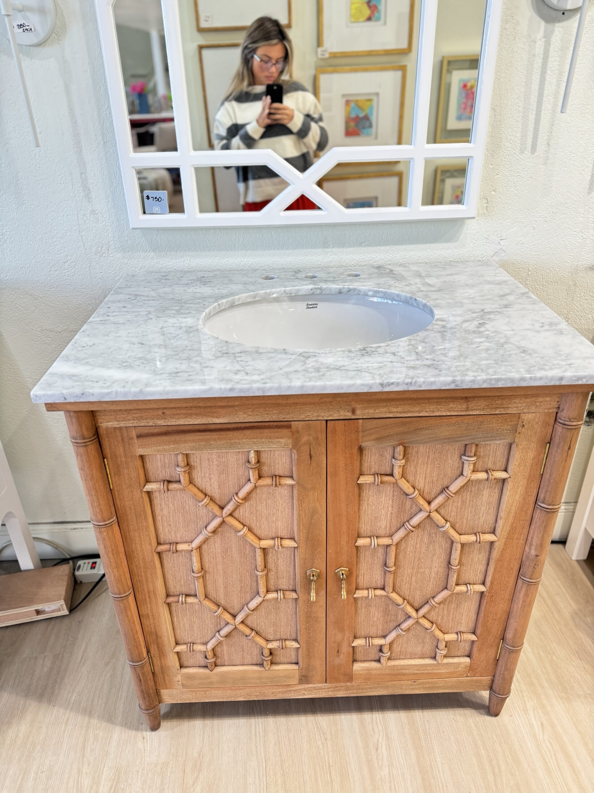 NEW | Faux-Bamboo Single Vanity with Marble Top &  Backsplash | driftwood - Image 3