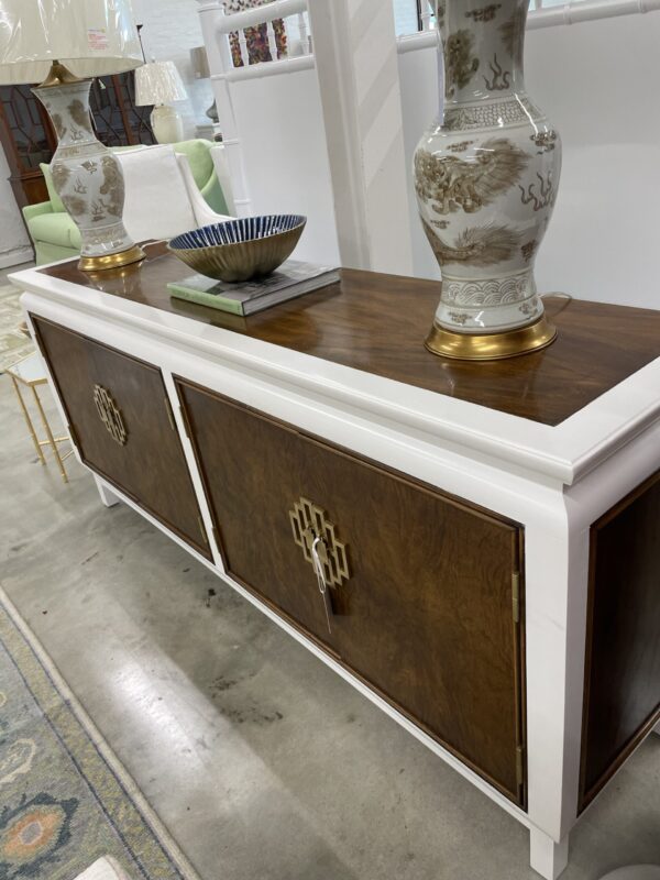 VINTAGE | feathered walnut buffet with lacquered trim - Image 3