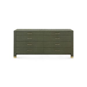 Camden XL 8 drawer dresser in deep olive grass cloth with glass top included