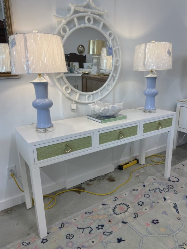Green grass cloth console table