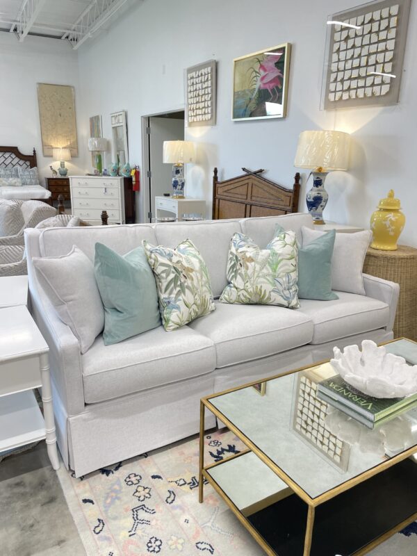Custom order 4-8 weeks -High performance fabric Belgium Snow - curved arm skirted sofa