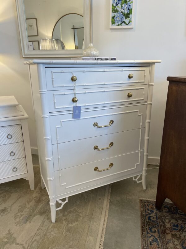 VINTAGE Thomasville tall boy dresser lacquered in simply white!
