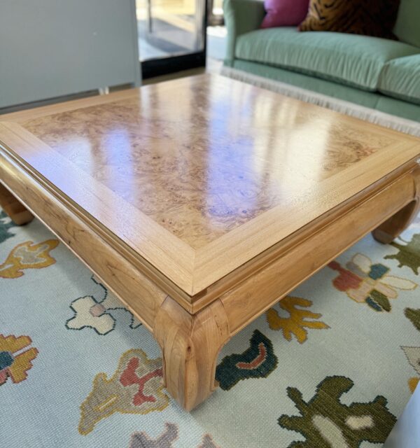 Vintage professionally refinished burlwood Ming foot coffee table - Image 2