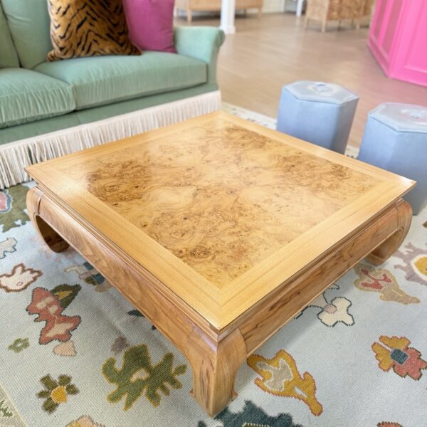 Vintage professionally refinished burlwood Ming foot coffee table
