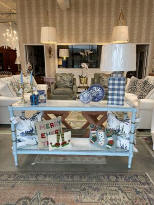 Light blue and white cane console table