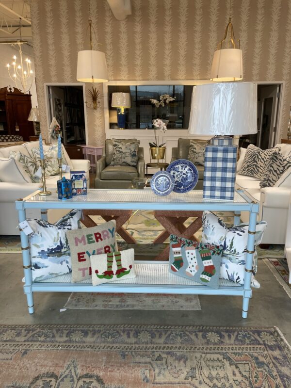 Light blue and white cane console table
