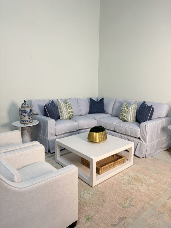 Caroline SLIPCOVER & machine washable sunbrella performance fabric sofa with a white welt