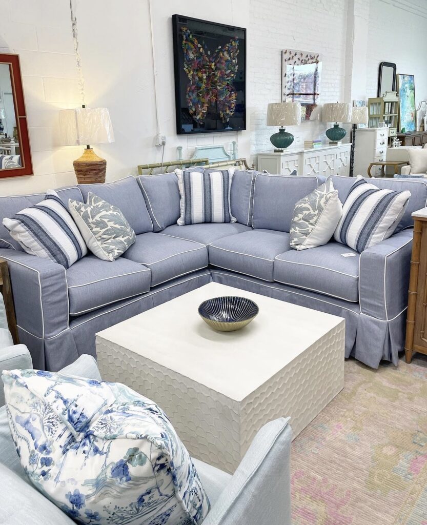 SLIPCOVER & machine washable performance fabric sofa with a white welt