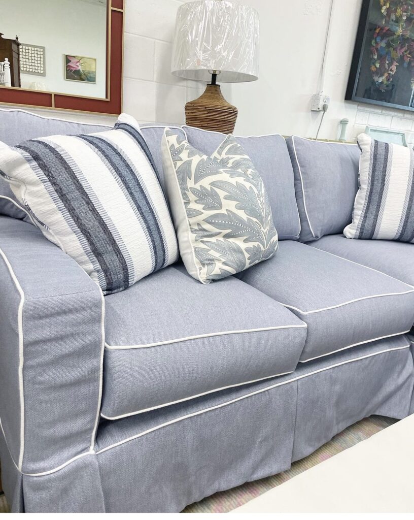 SLIPCOVER & machine washable performance fabric sofa with a white welt
