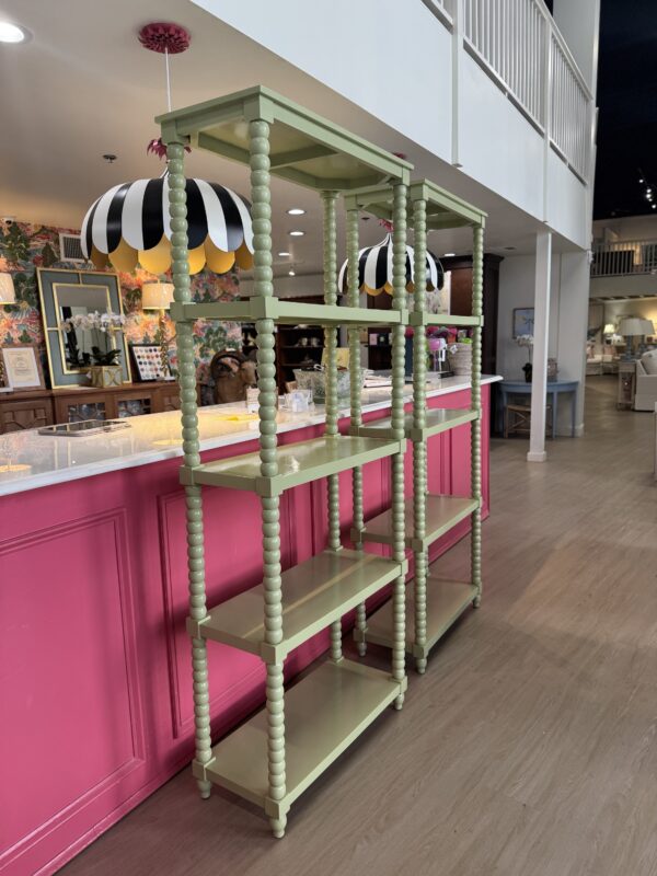 Wooden spindle leg shelves - Woodland Hills green Benjamin Moore lacquered in simply white -$1600 each - Image 3