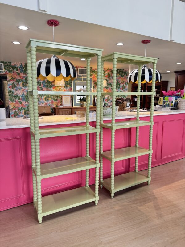 Wooden spindle leg shelves - Woodland Hills green Benjamin Moore lacquered in simply white -$1600 each - Image 2