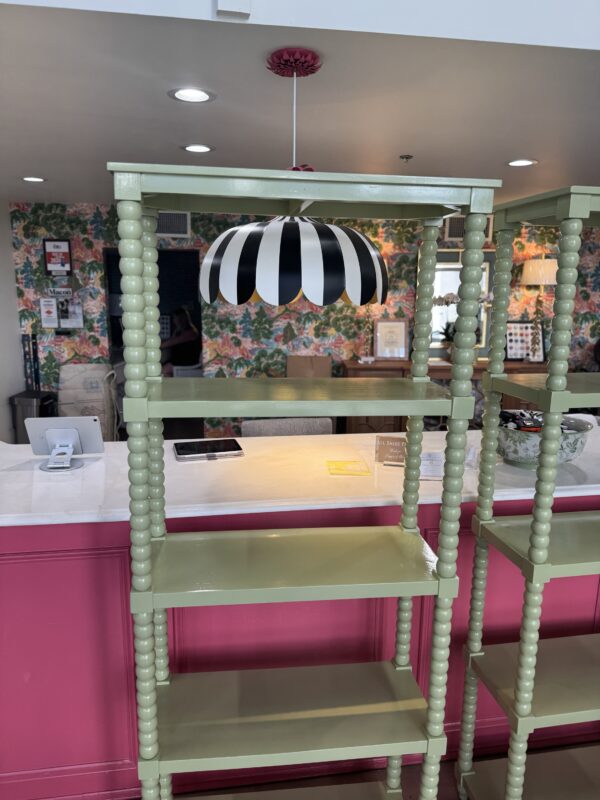 Wooden spindle leg shelves - Woodland Hills green Benjamin Moore lacquered in simply white -$1600 each - Image 4