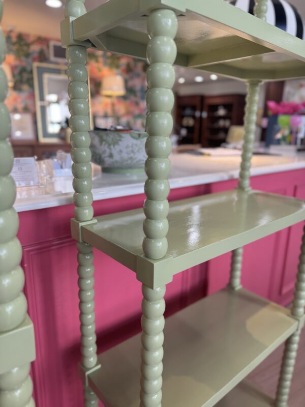 Wooden spindle leg shelves - Woodland Hills green Benjamin Moore lacquered in simply white -$1600 each - Image 5