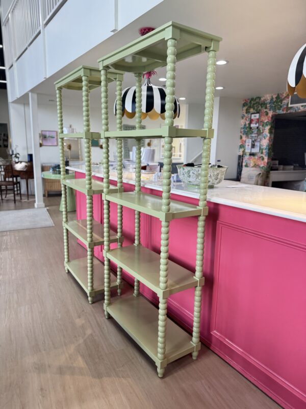 Wooden spindle leg shelves - Woodland Hills green Benjamin Moore lacquered in simply white -$1600 each - Image 6