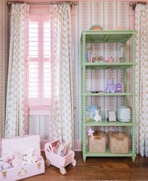Wooden spindle leg shelves - Woodland Hills green Benjamin Moore lacquered in simply white -$1600 each