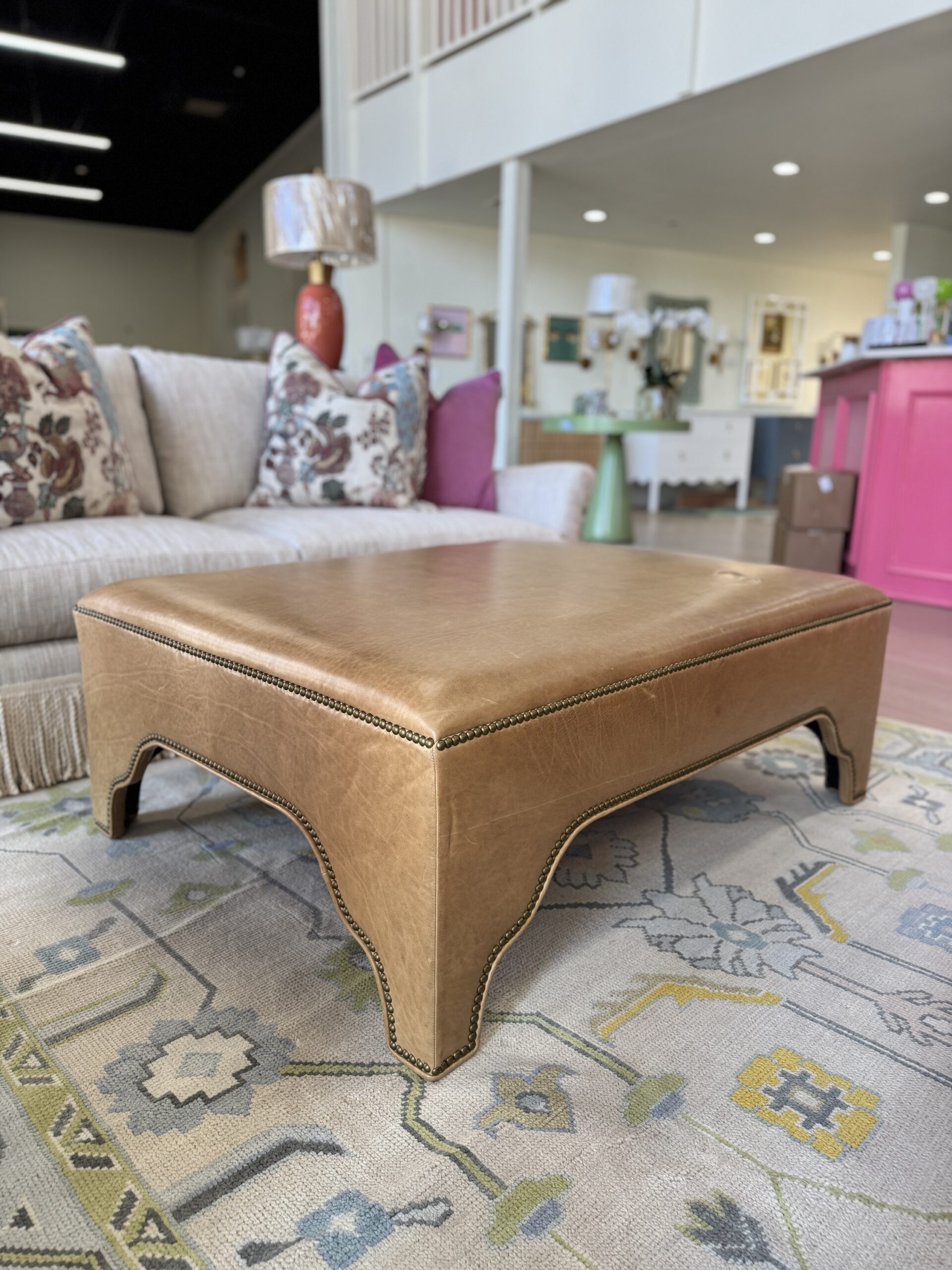 Massoud Kai Genuine Leather Ottoman w/ Nailheads