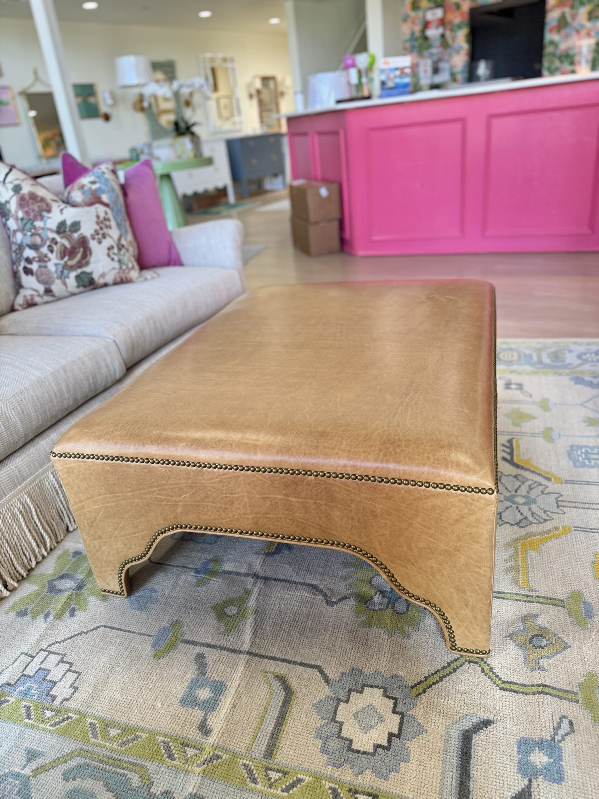 Massoud Kai Genuine Leather Ottoman w/ Nailheads - Image 2