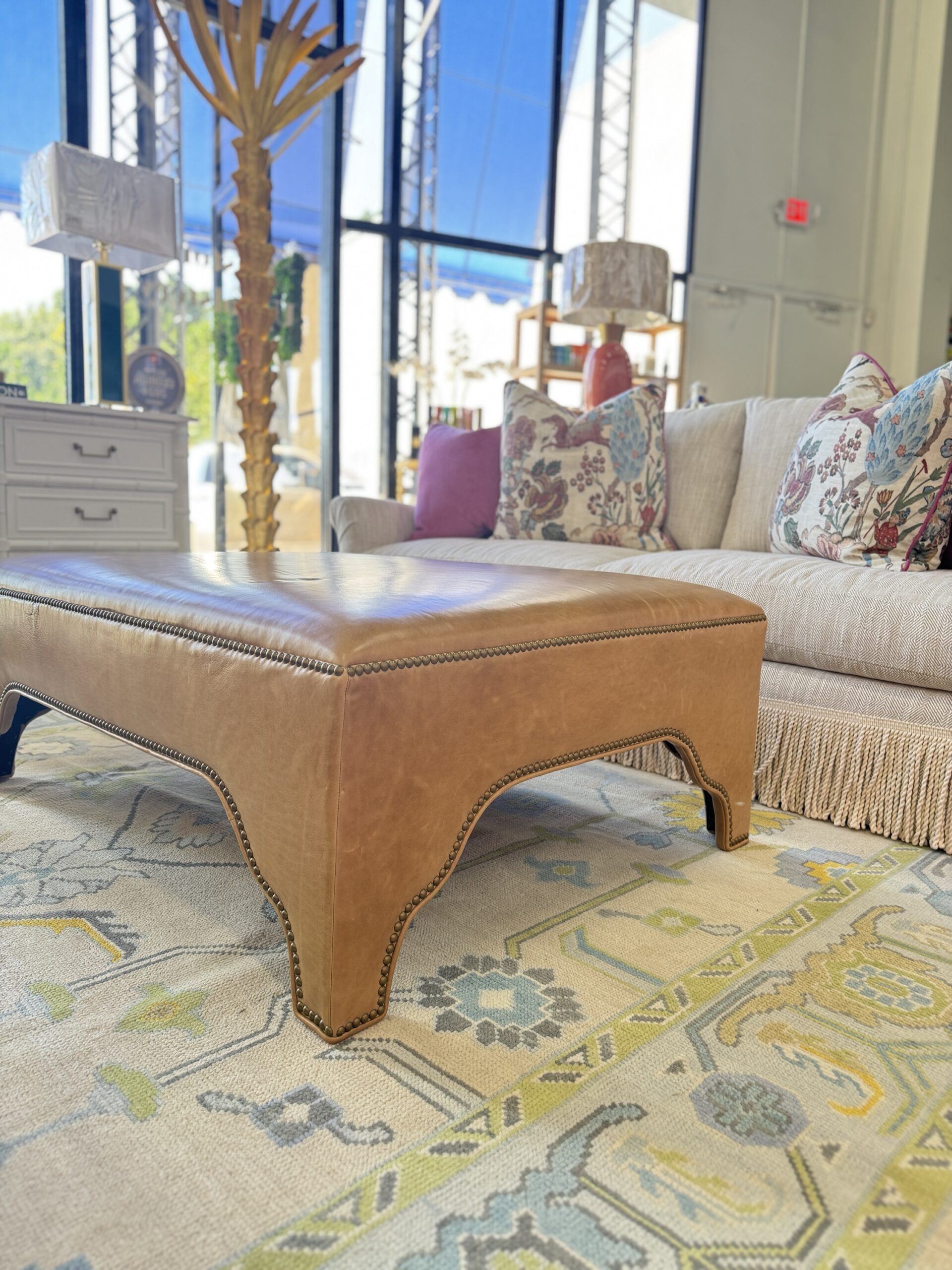 Massoud Kai Genuine Leather Ottoman w/ Nailheads - Image 4