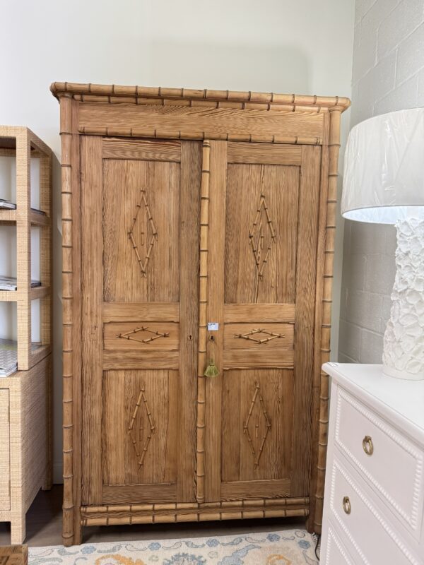 Vintage faux bamboo wooden armoire dresser ready includes key - Image 6