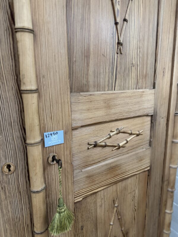 Vintage faux bamboo wooden armoire dresser ready includes key - Image 5