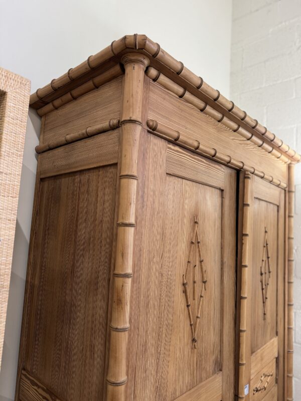 Vintage faux bamboo wooden armoire dresser ready includes key - Image 9