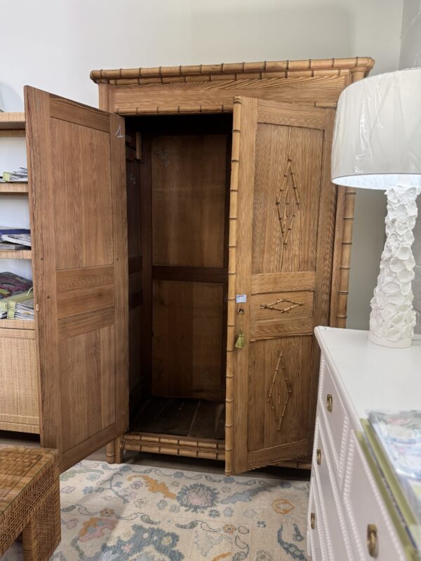 Vintage faux bamboo wooden armoire dresser ready includes key - Image 7