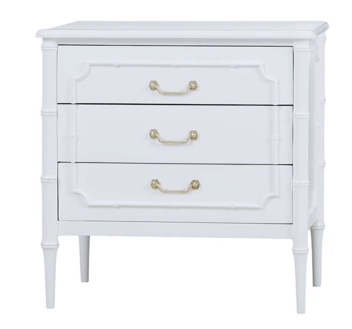 Chelsea white side table faux bamboo 3 drawer! 1200 each! Sold as a set of 2