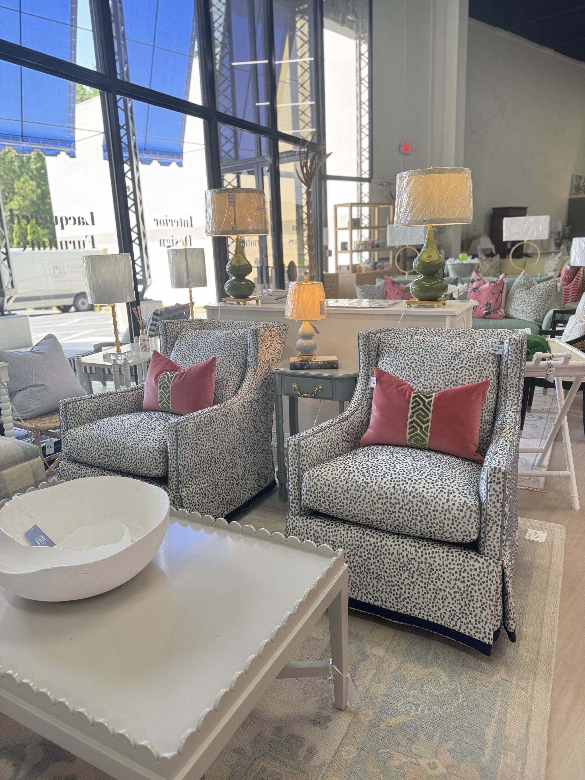 Grier skirted lizzy azul swivel and rock chair ! With a light blue leather welt and navy tape trim - 2950 each - sold as a set! - Image 2