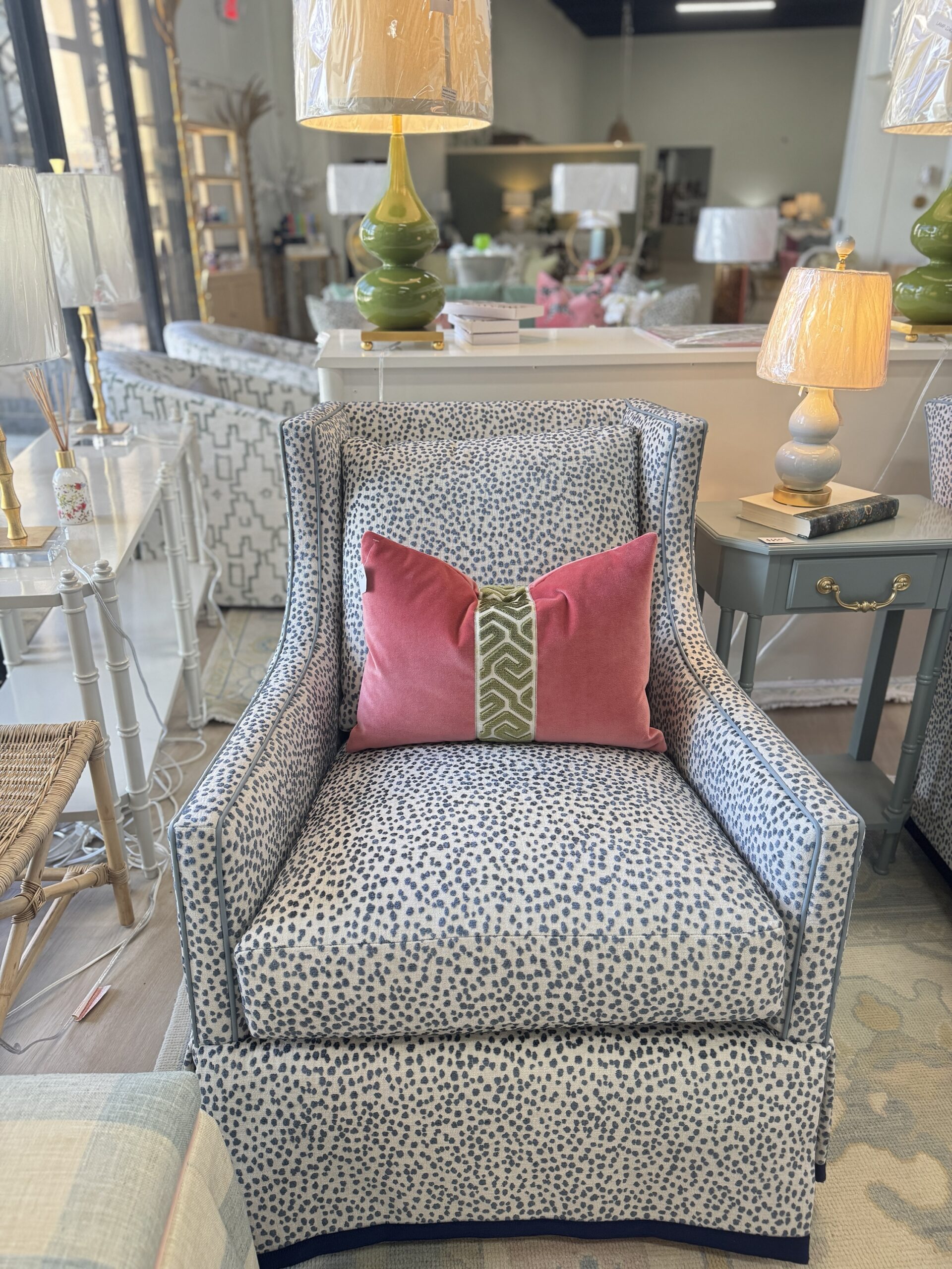 Grier skirted lizzy azul swivel and rock chair ! With a light blue leather welt and navy tape trim - 2950 each - sold as a set! - Image 4