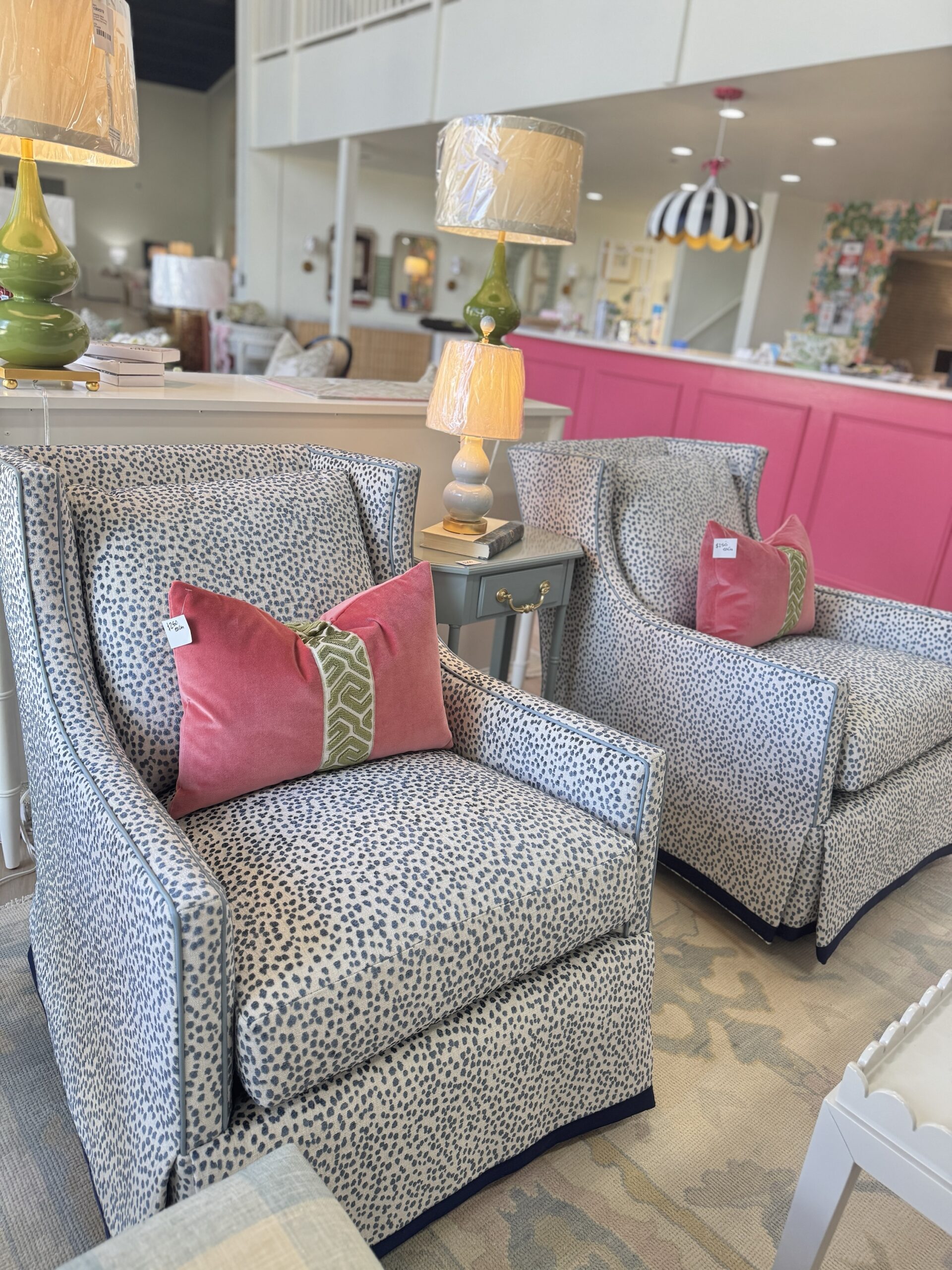 Grier skirted lizzy azul swivel and rock chair ! With a light blue leather welt and navy tape trim - 2950 each - sold as a set!