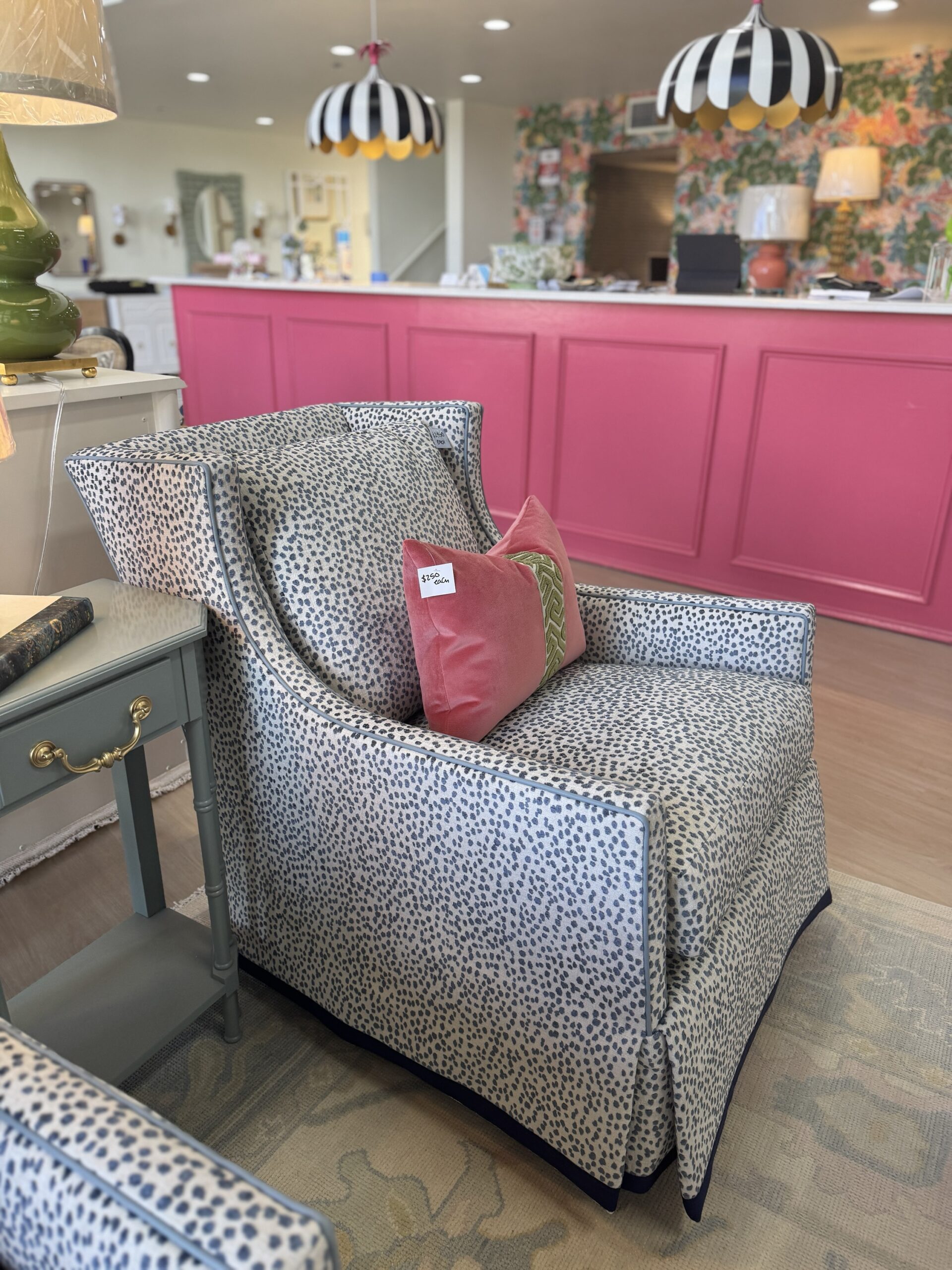 Grier skirted lizzy azul swivel and rock chair ! With a light blue leather welt and navy tape trim - 2950 each - sold as a set! - Image 3