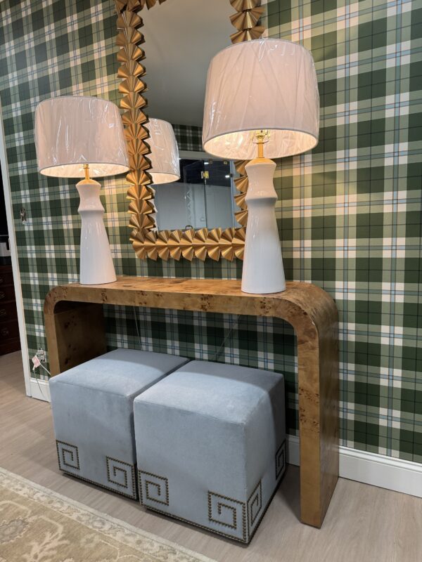 SET of custom designed white performance velvet banks heron cube ottomans with nail head detailing - Image 7