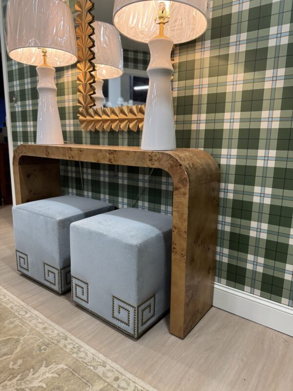 SET of custom designed white performance velvet banks heron cube ottomans with nail head detailing - Image 4