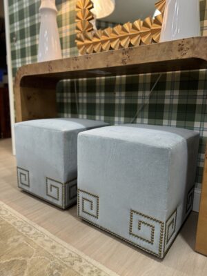 SET of custom designed white performance velvet banks heron cube ottomans with nail head detailing
