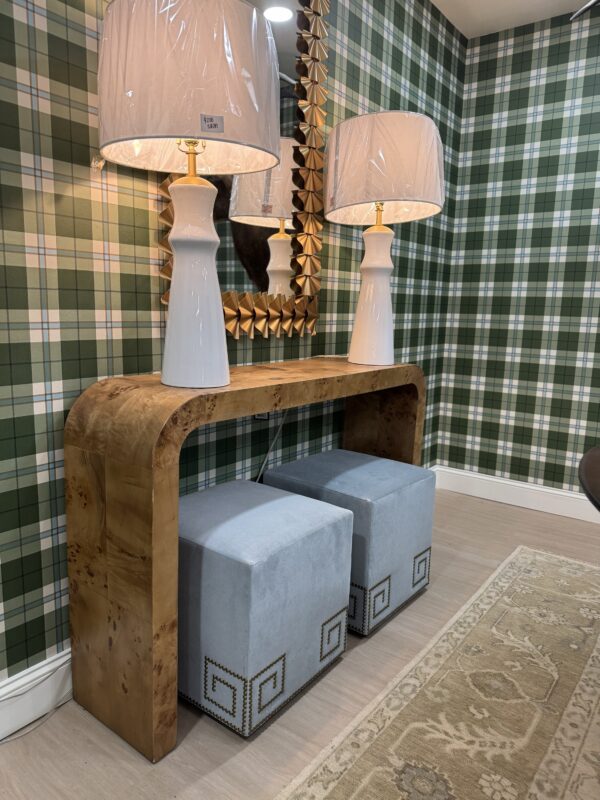 SET of custom designed white performance velvet banks heron cube ottomans with nail head detailing - Image 3