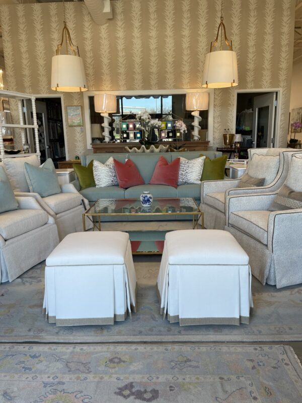 SET of custom designed white with tan tape  skirted ottomans