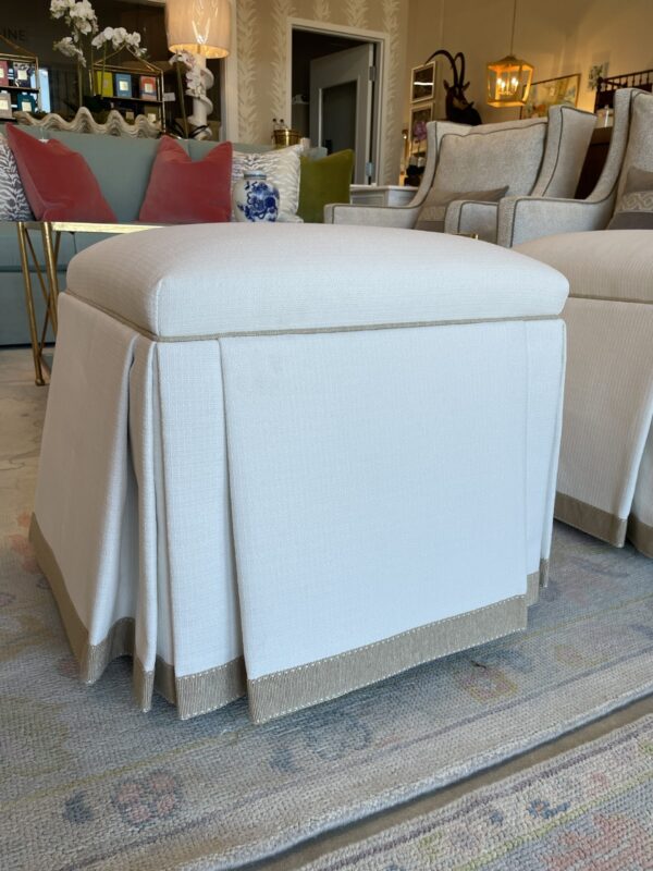 SET of custom designed white with tan tape  skirted ottomans - Image 4