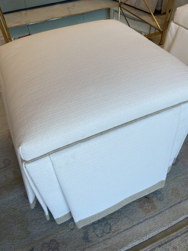 SET of custom designed white with tan tape  skirted ottomans - Image 2