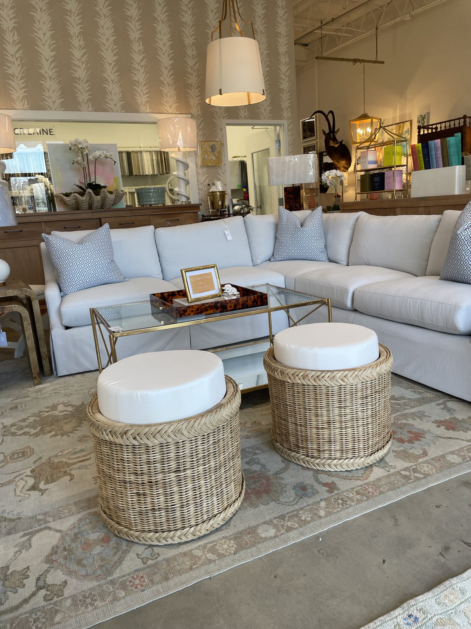 Set of 2 mainly basket ottomans with white cushion top! (White