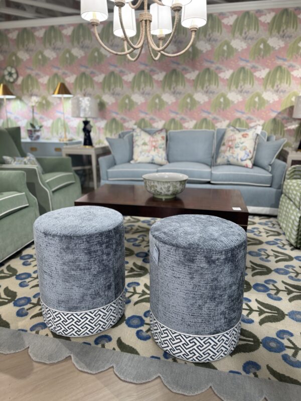 Set of custom design, blue cylinder, ottoman with tape trim on the bottom! $1550 each! - Image 6