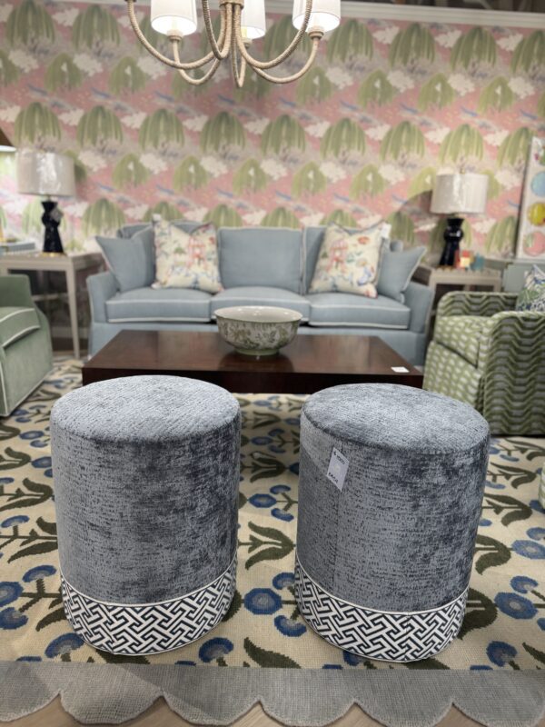 Set of custom design, blue cylinder, ottoman with tape trim on the bottom! $1550 each! - Image 5
