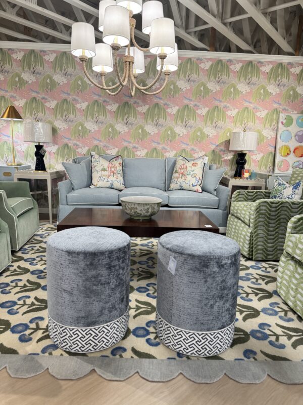 Set of custom design, blue cylinder, ottoman with tape trim on the bottom! $1550 each! - Image 4