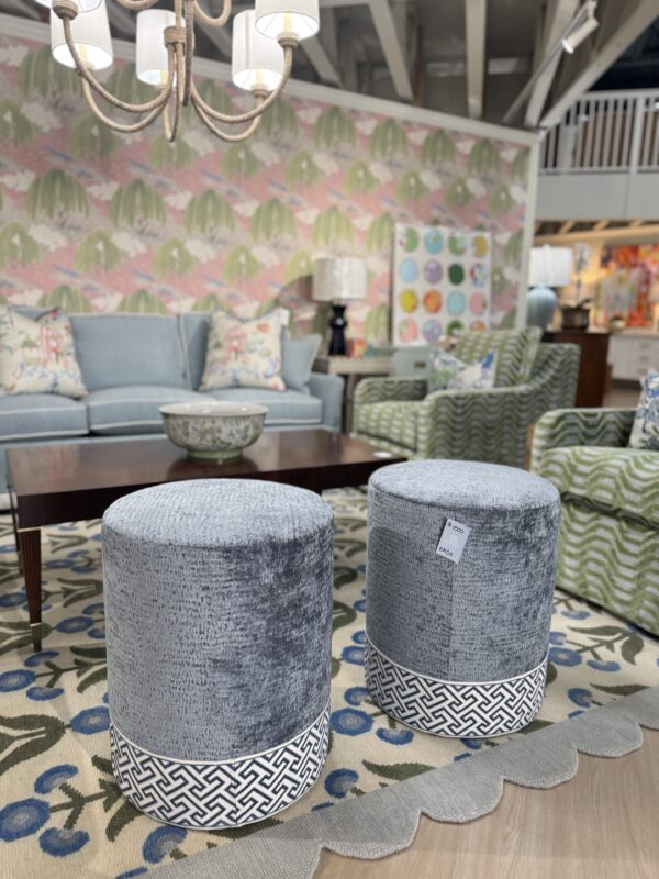 Set of custom design, blue cylinder, ottoman with tape trim on the bottom! $1550 each! - Image 3