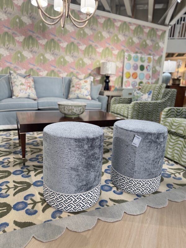 Set of custom design, blue cylinder, ottoman with tape trim on the bottom! $1550 each! - Image 2