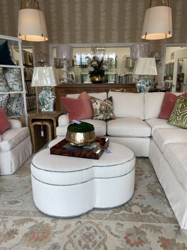 clover white upholstered ottoman with blue welt - Image 6