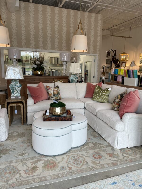 clover white upholstered ottoman with blue welt - Image 2