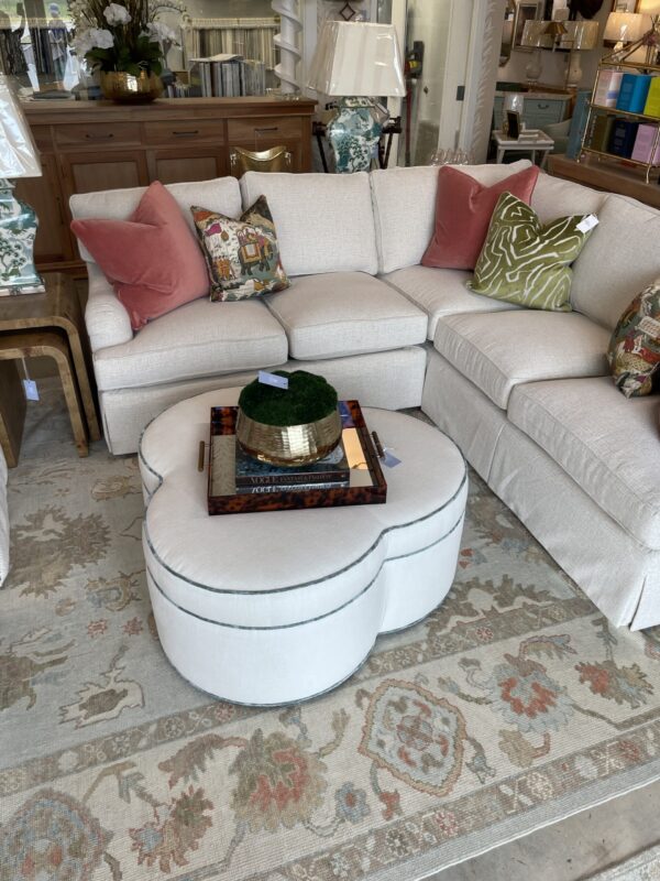 clover white upholstered ottoman with blue welt