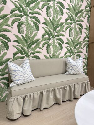 Custom bench seat 
Banquet with ruffles skirt in a green performance fabric